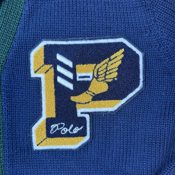Polo Ralph Lauren Letterman Varsity Cardigan Mens Medium Blue P-Wing Cotton - Picture 2 of 5